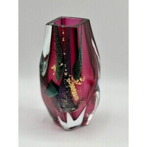 Eric Brakken Signed Studio Art Glass Vase 1993 Pink Gold Leaf Heavy Abstract